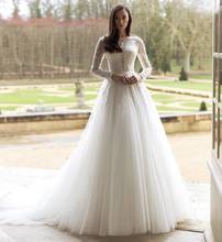 Vintage Wedding Dress A-Line O-Neck Full Sleeve Lace Appliques Sequined Beads Button Floor Length Sweep Train Bride Gown 2021 2024 - buy cheap