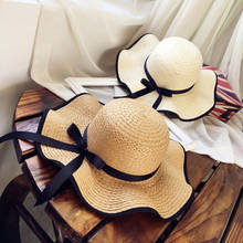 Женская соломенная шляпа с черными лентами и бантиками с широкими полями, складная летняя уличная Солнцезащитная шляпа, женская пляжная кепка для путешествий и фотосессий 2024 - купить недорого