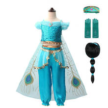 Fantasia jasmine para meninas, traje feminino para crianças, vestido de dança do ventre, perucas de princesa jasmine para festa 2024 - compre barato