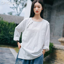 Blusa feminina original c262, camisa de algodão com gola redonda, manga comprida, estilo chinês, casual, vintage 2024 - compre barato