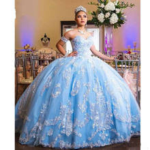 Sky Blue Prom Quinceanera Dresses Cheap Ball Gowns 2019 Strapless Corset Back Lace Applique Tiered Skirt Tulle Sweet 15 Gowns 2024 - buy cheap