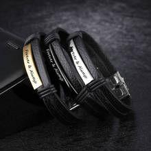 Personalized Engraved Black ID Tag Leather Bracelet For Men Dad Stainless Steel Custom Name Date Wristbands Bangles 2024 - buy cheap