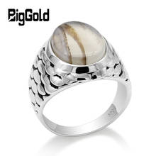Turkey 925 Sterling Silver Men Ring with Oval Natural Agate Stone Rings Fish Scale Carving Design for Men Women Jewelry Gift 2024 - buy cheap