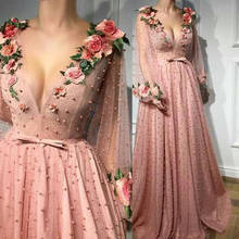 A-line Prom Dresses V neck Pink Long Prom Dress Evening Dresses With 3D Flower Long Sleeves Evening Gowns 2024 - buy cheap
