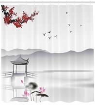Japanese Asian Style Garden with Bird and Small Pavilion Over the Lake Lotus Waterlily Shower Curtain 2024 - buy cheap