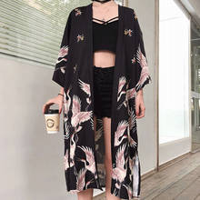 Long Style Woman Japanese Fashion Cardigan Sunscreen Haori Coat Thin Kimono Pajamas Sleepwear Crane Print Yukata Bathing Robe 2024 - buy cheap