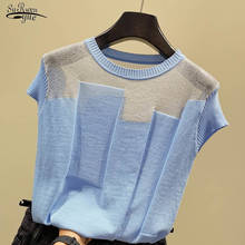 Blusas Mujer De Moda 2020 корейский стиль Лоскутные трикотажные топы из ледяного шелка женская летняя одежда Модная Тонкая блузка с коротким рукавом 8796 50 2024 - купить недорого