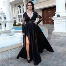 2019 African Black Evening Dresses A line V-neck Long Sleeves Lace Prom Dresses High Split Formal Party Gowns For Women 2024 - buy cheap