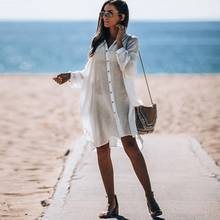 Vestido playero de algodón 2021 para mujer, Túnica holgada de manga larga, color blanco, para playa y verano 2024 - compra barato