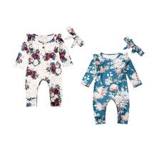 Novas roupas de bebê menina 2 peças, manga longa, macacão floral, macacão, tiara, roupa 2024 - compre barato