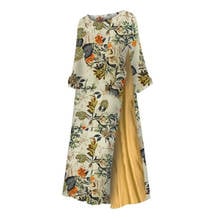 Женское хлопковое льняное Макси платье с коротким рукавом, Повседневное платье-кафтан в стиле бохо, женские свободные платья с цветочным принтом, большие размеры S-5XL 2024 - купить недорого