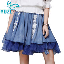 Skirts Womens 2020 Yuzi.may Boho New Denim Women Skirt Organza Patchwork Flower Embroidery Elastic Saias X2232 Saia Feminina 2024 - compre barato