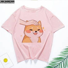 Camiseta bonito do cão de shiba inu do kawaii do harajuku engraçado impressão do presente das mulheres camiseta rosa verão t camisa solta streetwear roupas topos t 2024 - compre barato