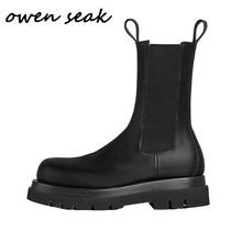 Owen Seak Women Motorcycle Leather Boots High-TOP Luxury Mid-Calf Autumn Winter Riding Boots  Casual Brand Zip Flats Black Shoes 2024 - buy cheap