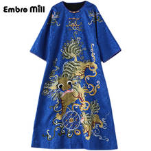 Vestido holgado Retro de manga de tres cuartos con botones y cuello redondo bordado estilo chino para mujer, vestido de talla grande S-5XL 2024 - compra barato