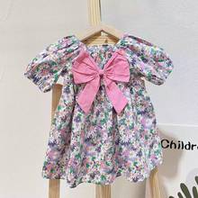 Girls' dress 2021 summer cotton bowknot floral short-sleeved toddler costume flower Korean style party casual princess dresses 2024 - buy cheap