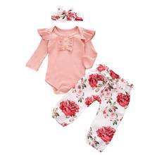 2020 Newborn Baby Girls 3-piece Outfit Set Long Sleeve Ribbed Romper+Floral Print Pants+Headband Set 2024 - buy cheap