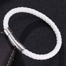 Pulseira de couro branco para homens e mulheres, joias em estilo simples, trançada, bracelete de couro, aço inoxidável, requintado, pressão 2024 - compre barato