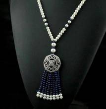 free shipping Handmade micro inlay zircon clasp accessory Long Pearl Blue lapis lazuli Jade CZ Necklace Pendant 925 silver 2024 - buy cheap