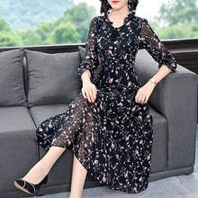 Vestido floral de chiffon plus size, vestido midi vintage casual elegante com estampa, manga longa, moda primavera/outono 2021 2024 - compre barato