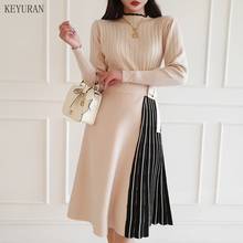 New 2021 Autumn Winter Women Dress Korean Slim Knitting High Waist Bottoming Elasticity Lace Up Patchwork Knit Pleated Mid Dress 2024 - buy cheap