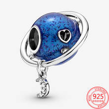 Authentic 925 Sterling Silver Twinkling Blue Enamel Moon Around The Earth Charm Fit Brand Bracelet DIY Hollow Love Pendant 2024 - buy cheap
