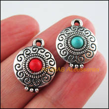 Fashion 12Pcs New Round Charms Tibetan Silver Tone Red & Blue Stone Flower Pendants 14x18.5mm 2024 - buy cheap