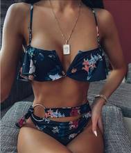 Print Bikini Women Swimwear Push Up Swimsuit Bandage Biquini Halter Backless Metal Ring Bathing Suit Ruffle Beach Wear Summer 2024 - buy cheap