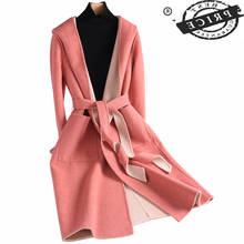 Зимнее пальто осень, для женщин a0 % шерстяное длинное пальто Casaco Feminino розовый кашемировая куртка с капюшоном Slim Fit Пальто из шерсти альпаки + ремень LW1126 2024 - купить недорого