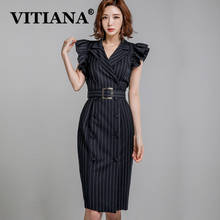 VITIANA Women Black Striped Office Midi Dress For Women Summer 2020 Female Ruffles Sleeve Slim OL Dresses Femme Elegant Vestidos 2024 - buy cheap