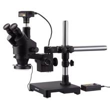7x-45x preto trinocular microscópio de zoom estéreo no único braço boom suporte + 144 direção ajustável led anel luz & usb3.0 16mp 2024 - compre barato