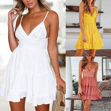 Short White Beach Mini Dress 5xl Bare Back Bandage 2020 Sukienka Fold Shirred Dress Pleated Ruffle Hem Spaghetti Strap Sundress 2024 - buy cheap