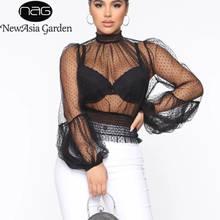 NewAsia Polka Dot Mesh Blouse Women See Through Lantern Sleeve Sexy Elastic Crop Top Turtleneck Blouse Shirt Party Clubwear 2020 2024 - buy cheap