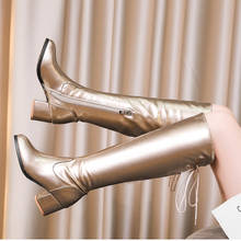 Botas femininas de inverno ouro prata moda couro patente joelho botas altas luxo saltos quadrados botas longas sapatos senhora tamanho grande 45 2024 - compre barato