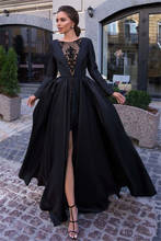 2020 Sevintage Black A Line Evening Dresses Lace Satin платье Formal Prom Party Gowns Front Slit Long Sleeve vestido de noche 2024 - buy cheap