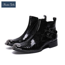 Botas curtas de couro verdadeiro masculinas, botas de pele de cobra para o inverno, estilo britânico, bico ponteagudo, com fivela, fácil combinação 2024 - compre barato