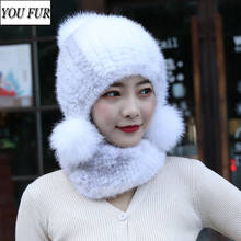 New Good Elastic Genuine Fur Scarves Hats Sets Women Hand Knitted Real Mink Fur Hat Scarf Set Winter Girls Real Fur Muffle Cap 2024 - buy cheap