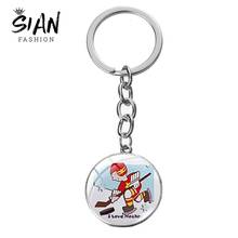 SIAN I Love Hockey Cartoon Printing Keychain Ice Hockey Player Gift Field Leisure Sports Glass Round Pendant Handmade Key Holder 2024 - buy cheap