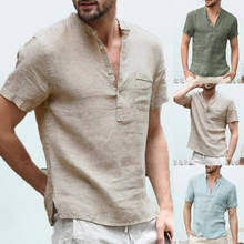 Camiseta Multicolor de lino transpirable para hombre, camisa con cuello en V, talla grande, Color puro 2024 - compra barato