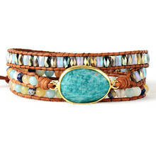 Pulseira feminina exclusiva de alta qualidade, bracelete de pedra amazonita com 3 linhas de strass, bracelete de couro para mulheres, pulseira boho, dropship 2024 - compre barato
