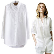 Рубашка женская хлопковая, с отложным воротником, длинными рукавами и карманами 2024 - купить недорого