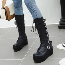 PXELENA/зимние женские ботинки на платформе в стиле «Рок», «готика», «панк»; обувь на толстой резиновой подошве со шнуровкой и пряжкой; ботинки до середины икры в стиле милитари 2024 - купить недорого