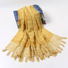Lenço bordado tingido de algodão hijab 1 peça, cachecol liso floral com borla, xale muçulmano, para mulheres, xadrez, folhas 2024 - compre barato