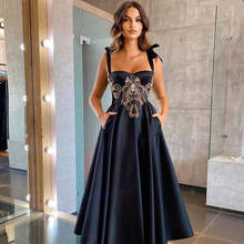 Tea Length Sweetheart Evening Dresses Appliques Sleeveless Blackless Satin Bow Lace-Up Elegant Short Party Prom Gowns 2021 2024 - buy cheap