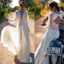 2020 A Line Wedding Dresses Sexy Deep V Neck Lace Draped Bridal Gowns Long Sleeve Hollow Back Sweep Train Beach Wedding Dress 2024 - buy cheap