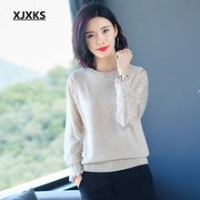 Xjxks suéter feminino estilo coreano, primavera outono manga de renda, pulôver e suéter de malha feminino 2024 - compre barato