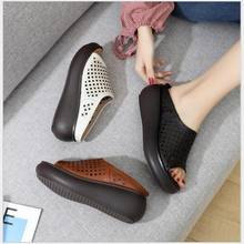 RUSHIMAN Genuine Leather Summer Mules Shoes Women Sandals Mid Heel Hollow Out Cow Leather Slides Women 2020 Thick heel Slippers 2024 - buy cheap