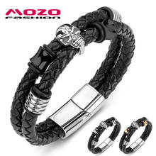 New Men Bracelet Braided Leather Rope Chain Stainless Steel Flame Skull Punk Bangle Skeleton Jewelry 2024 - buy cheap