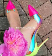 Zapatos de tacón de aguja de PVC para mujer, calzado de lujo con punta puntiaguda, reflectante, de retales, color rosa y amarillo, tacones altos transparentes, talla grande 2024 - compra barato