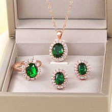 Wedding Jewelry Set For Women Rose Gold Color Created Green Austrian Crystal With 3 Pcs Ring + Necklace + Eearrings ZYS107  2024 - buy cheap